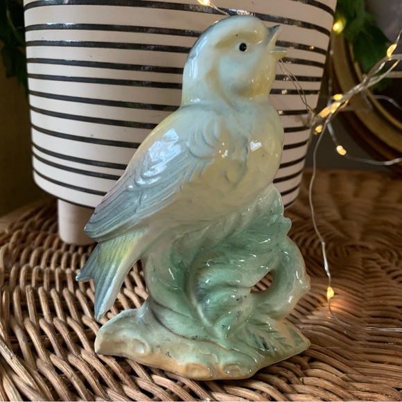 vintage blue and yellow porcelain bird perched on branch - Picture 2 of 5